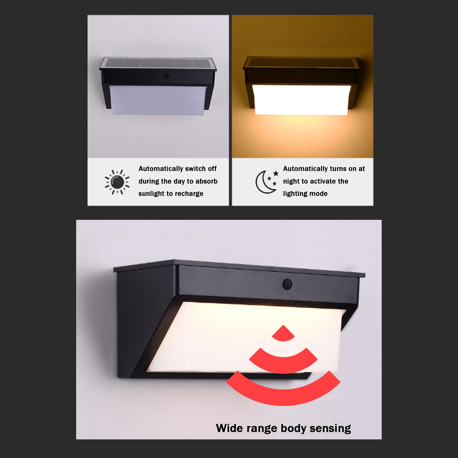 Zewnętrzna solarna lampa ścienna z czujnikiem ruchu Lampa ścienna IP65, wodoodporna lampa ścienna IP65, czarna LED, akumulator, dekoracja ogrodowa, na taras, wejście (26 cm, ciepłe światło)