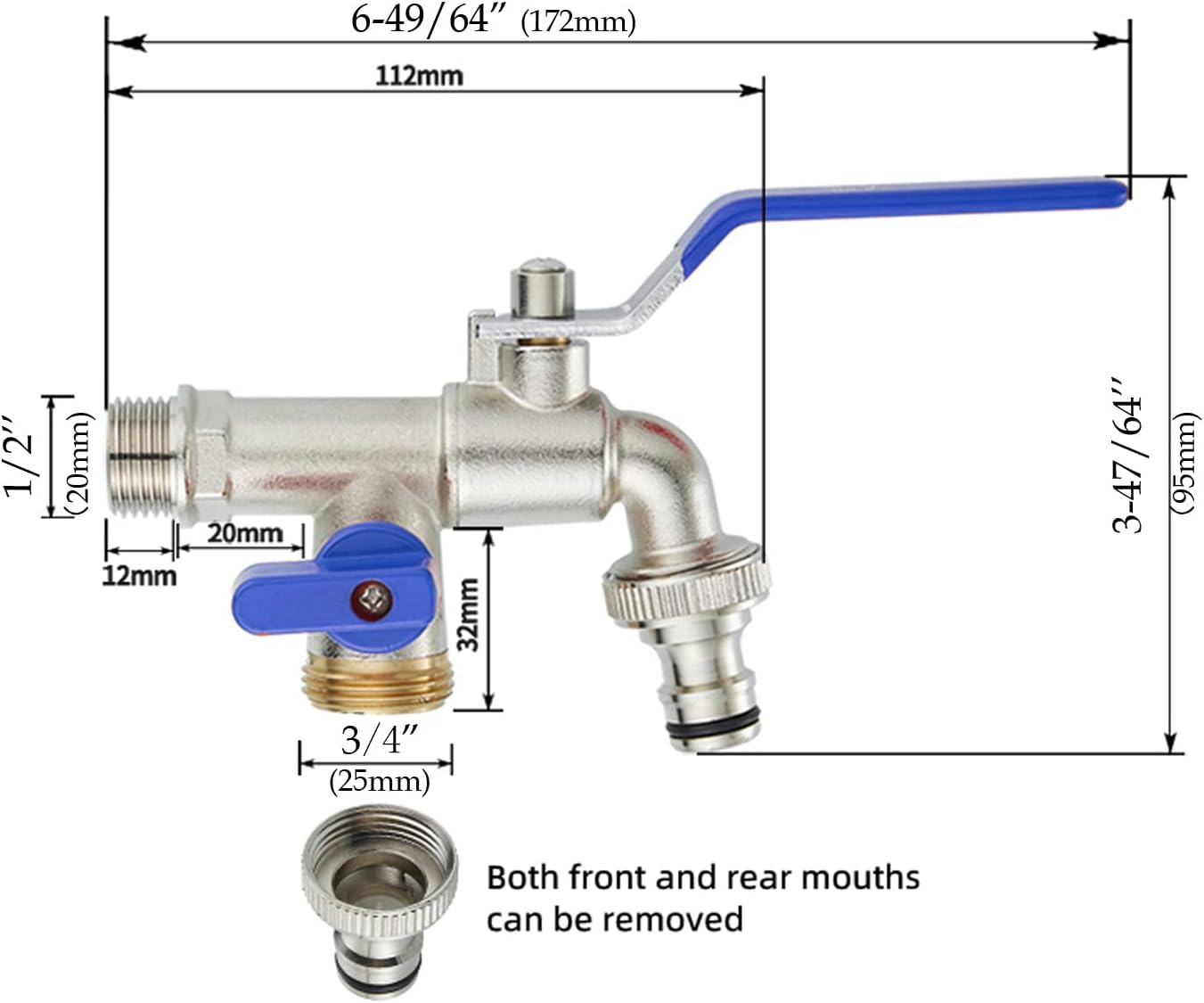 Premium 1/2 inch Double Brass Tap, Rust, and Frost Proof, 2 x Free Hose Connectors, for Garden and Washing Machine. Water Buttoutdoor, Multi-Function Faucet
