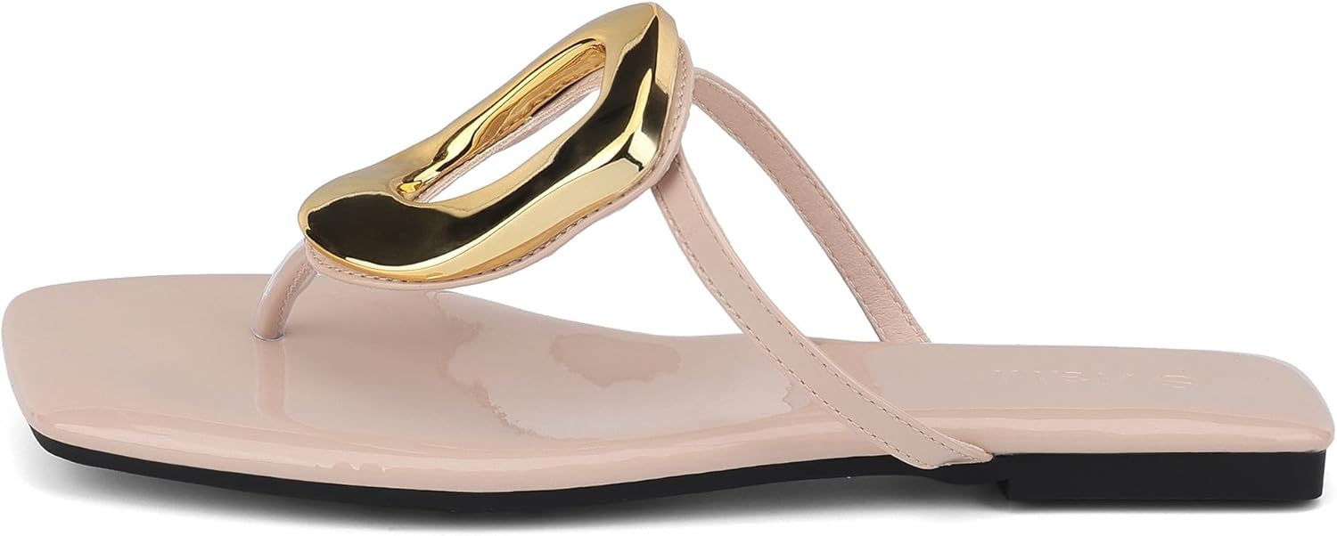 Womens Flat Sandals Square Comfortable Flip Flops Slide Summer Beach Shoes with Metal Decoration - Image 4