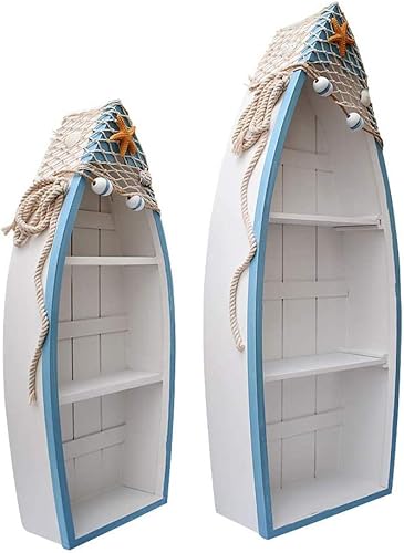 Morning View Estante de madera para barco, decoración náutica de playa, barco con 2 estantes de pie, estante de barco de madera, decoración náutica