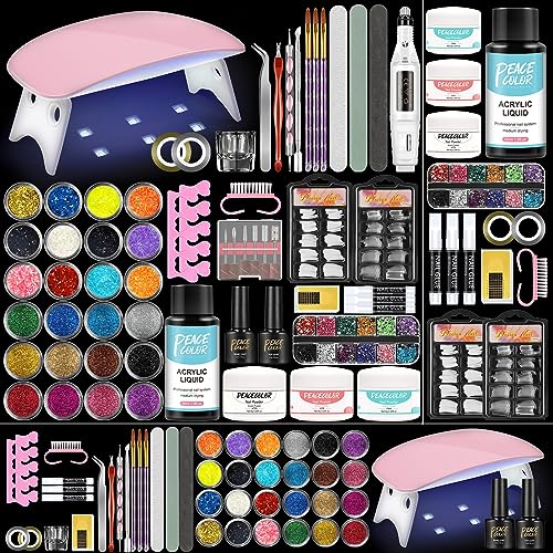 PEACECOLOR Kit Uñas Acrílicas Completo para Principiantes 24pcs Glitter Polvo y Monómero Set con 6W Lámpara para Uñas Nail Art de Lima Uñas Electrica de Uñas Postizas Herramientas de Manicura Set