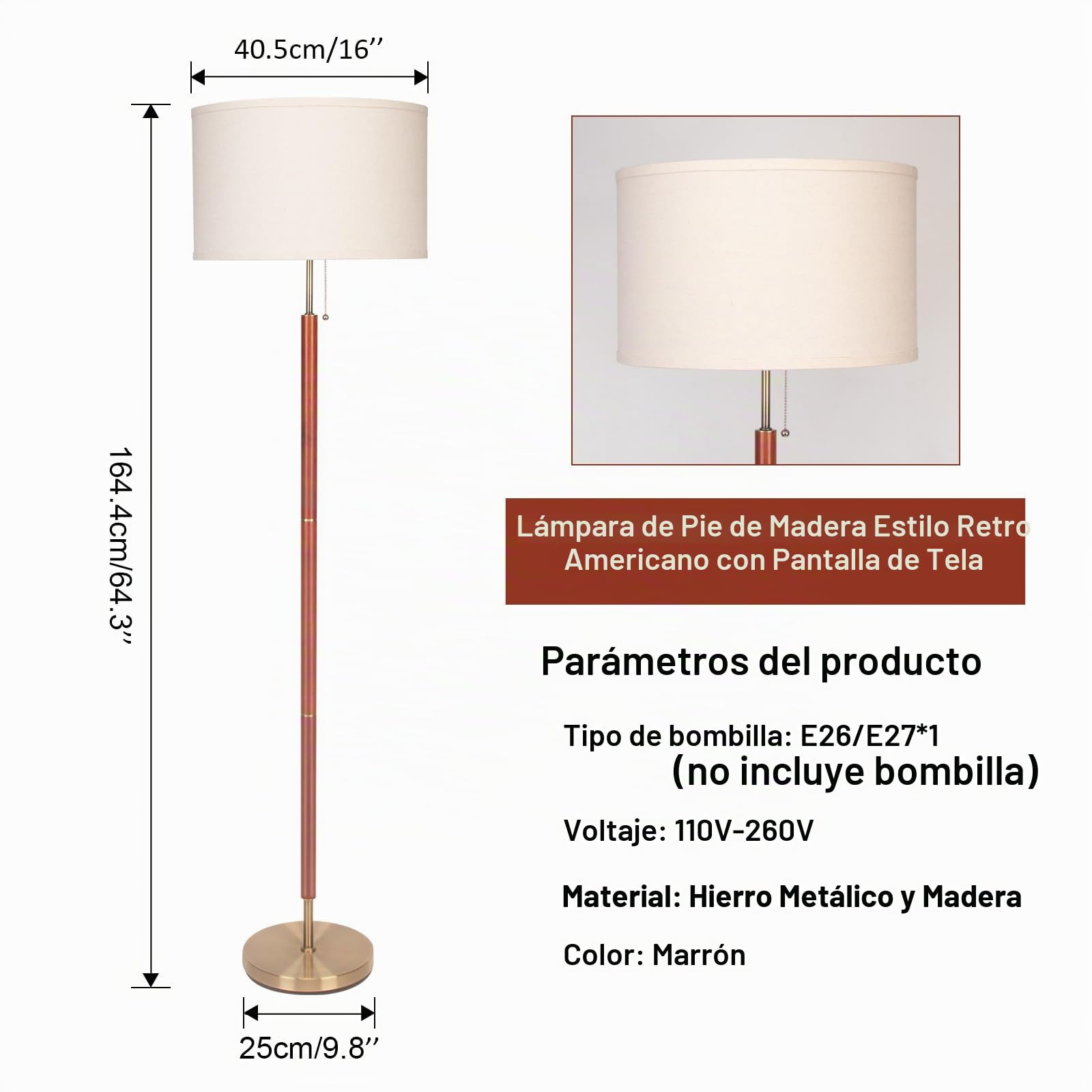 HonoDing Lámpara De Pie Moderna De Mediados De Siglo, Acabado De Madera De Nogal, Pantalla De Tambor, Decoración De La Sala De Estar (64in, E26 LED)