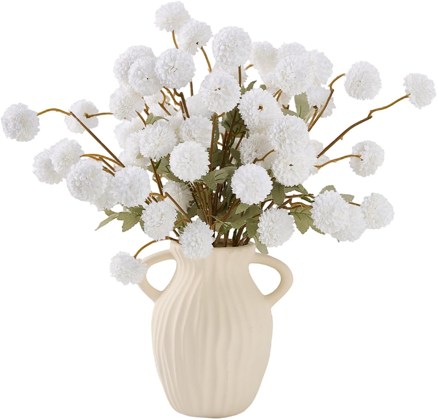 Sherika White Faux Kiku Flower,10 Stems Artificial Chrysanthemum Flowers with Eucalyptus, Fake Long Stem Mums Balls Arrangements, Dried Pompom Hydrangea for Vase, Centerpiece,Aesthetic Room Decoration - Image 2