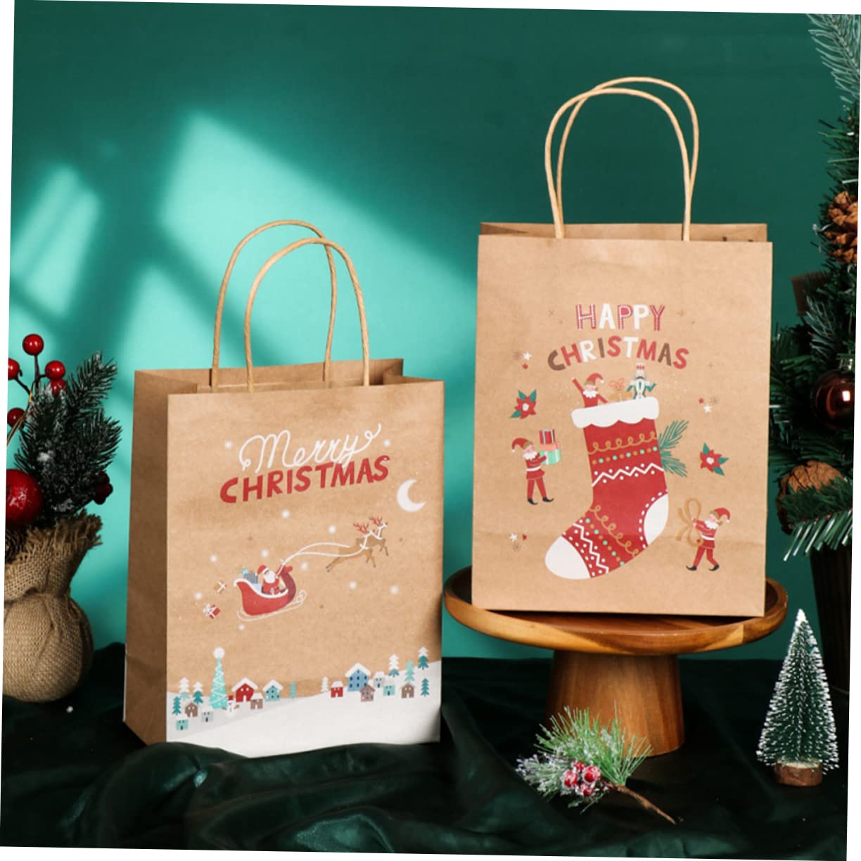 NULYLU 25pezzi Sacchetti Di Natale Carta Con Manici Di Sacchetti Natalizi Per Feste Confezioni e Decorazioni Sfondi Calze Babbo Natale Pupazzo Di Renna