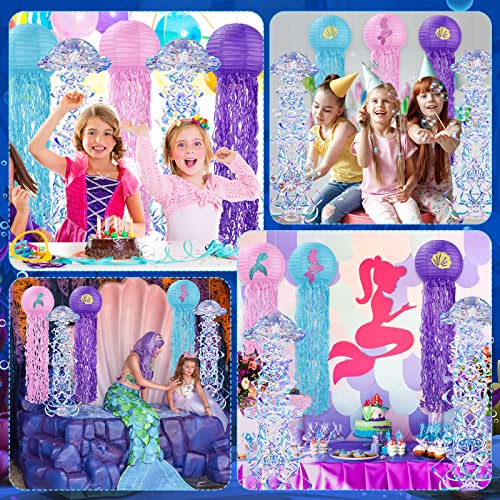 Geosar 5 Pcs Jellyfish Hanging Decor Paper Lanterns with Glitter Iridescent Jelly Fish for Mermaid Party Under the Sea Ocean Themed Birthday Party Decoration Supplies