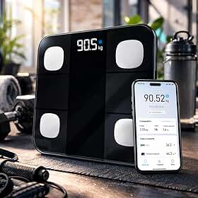 Balança Digital Bioimpedância Premium Bluetooth com App Saúde iOS Android para IMC Gordura Corporal Massa Muscular Massa Óssea Água Corporal Taxa Metabólica BMR Alta Precisão Vidro Temperado LED