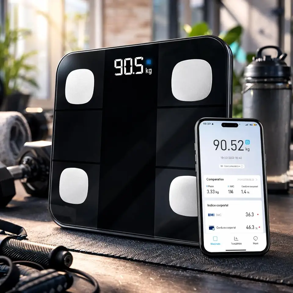 Balança Digital Bioimpedância Premium Bluetooth com App Saúde iOS Android para IMC Gordura Corporal Massa Muscular Massa Óssea Água Corporal Taxa Metabólica BMR Alta Precisão Vidro Temperado LED