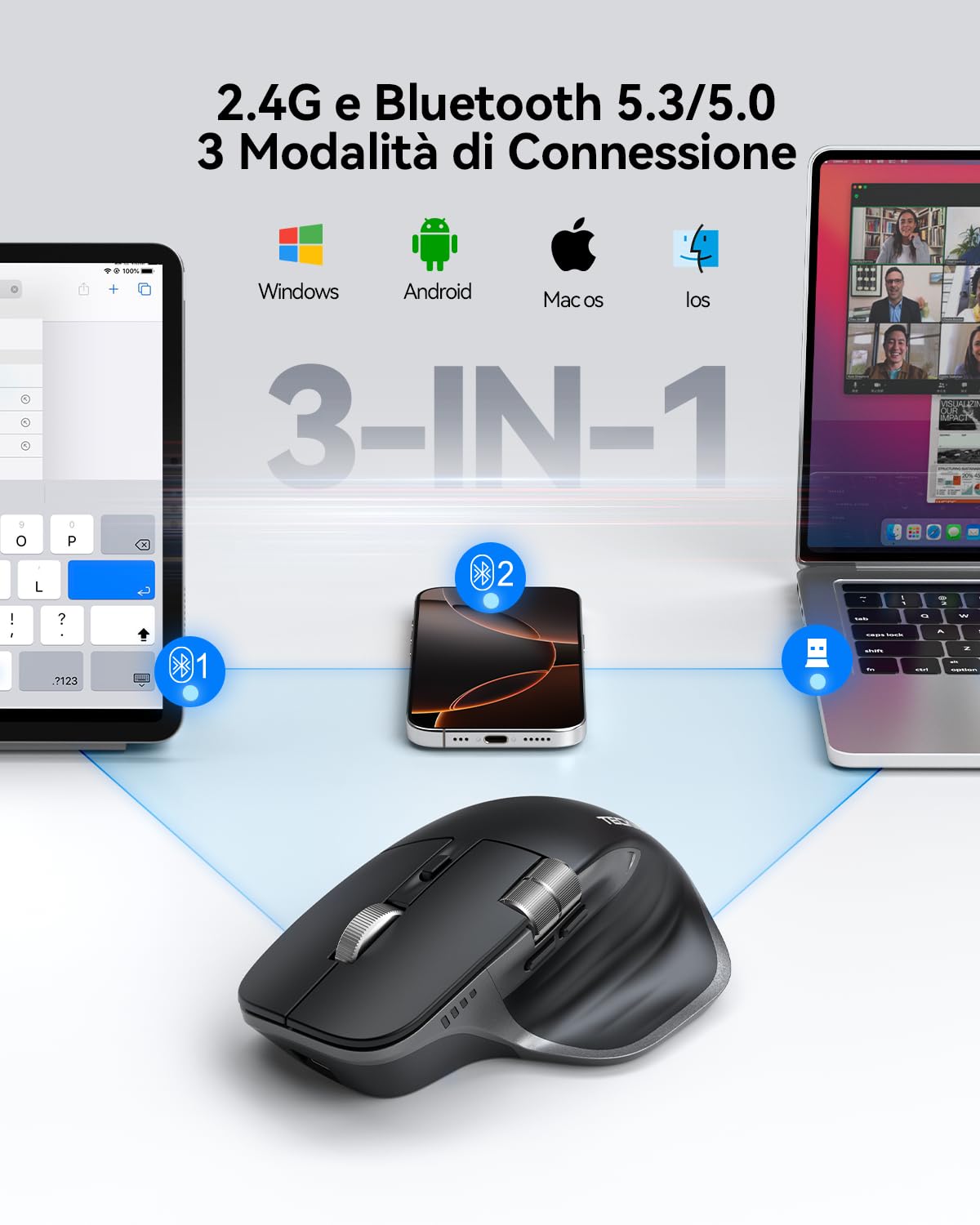 TECKNET Mouse Wireless Bluetooth ad Alte Prestazioni (BT5.3/5.0+2.4G), Rotella di Scorrimento Orizzontale, Design Silenzioso, 4800 DPI Mouse Ergonomico Ricaricabile per PC/Tablet/MacOS/Windows, Nero