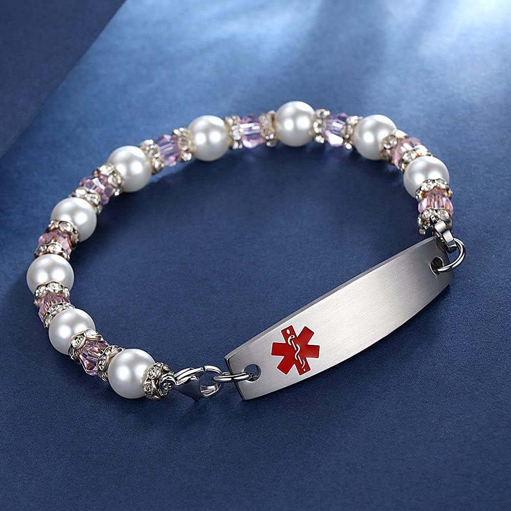 mnmoom 7.5 inch interchangeable Medical id bracelets for Women beads Medical alert bracelets with customize engraving