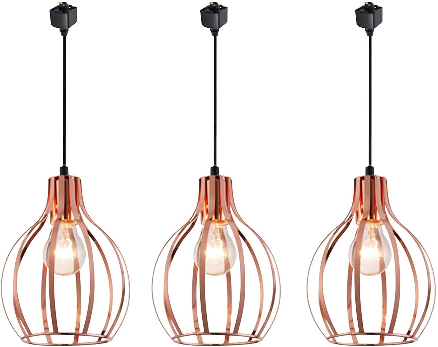 Kiven H-Type Track Lighting Pendant, Retro Style Copper Metal Basket Cage Ceiling Pendant Light,3 Pack