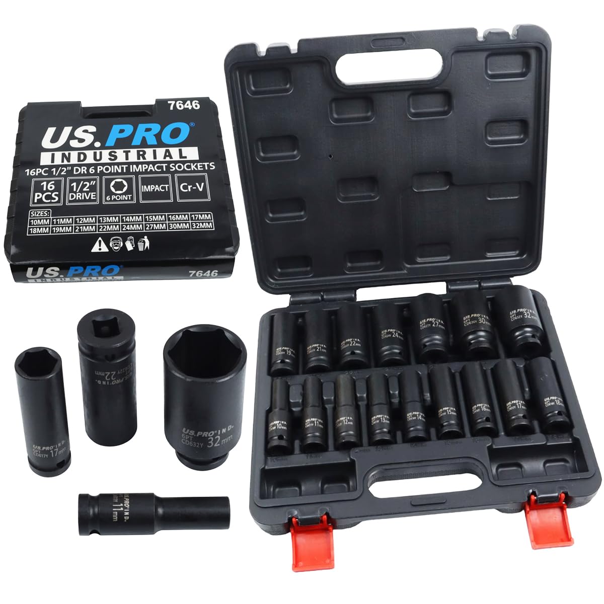 Us Pro Industrial 16Pc 1/2 Dr 6-Point Deep Impact Socket Set European Style 10-32Mm
