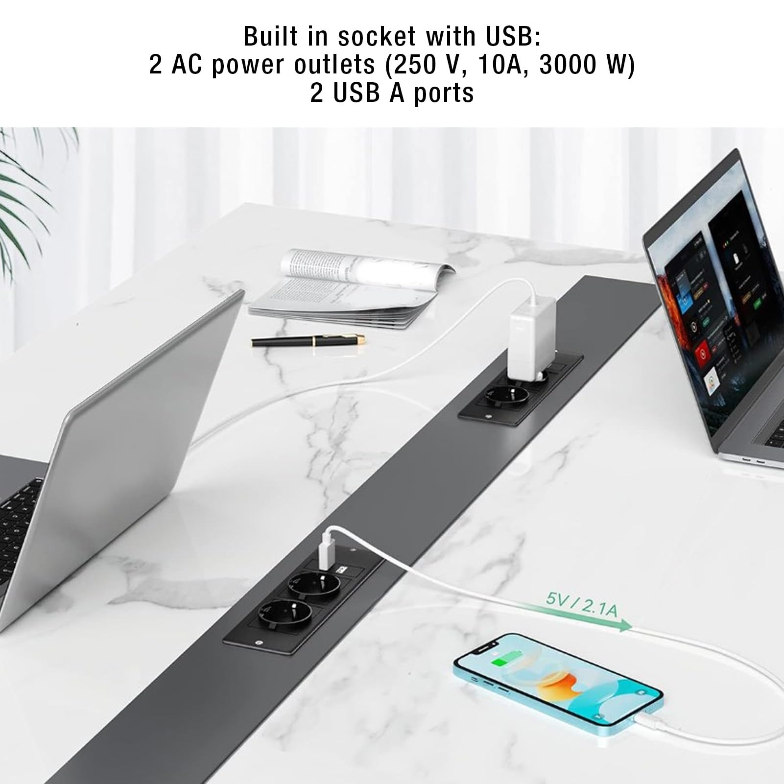 Presa Tavolo Nascosta, Presa Multipla Incasso Sottile 2 Prese CA 2 Porte USB, Presa Scrivania per Mobili con Cavo 1,8 M per Ufficio Domestico (BLACK)
