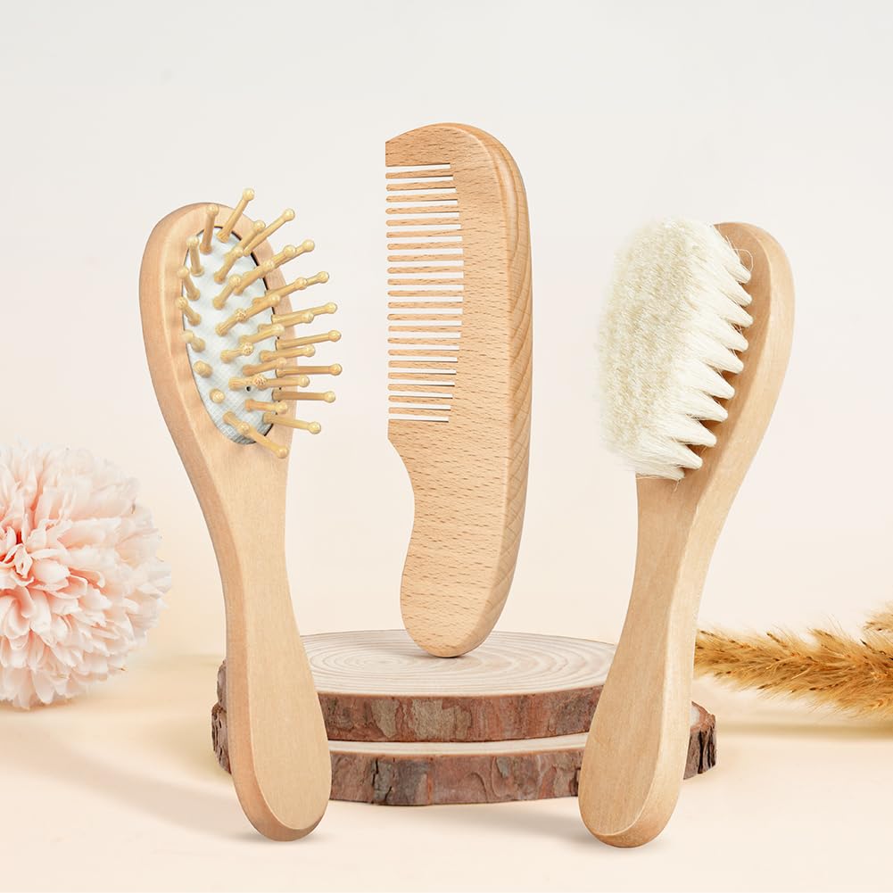 Aolso Brosse Cheveux Bebe Brosse, 3pcs Cheveux Poils de Chèvre doux Premium Brosse à bébé en Bois, Garçons et filles, Brosse cheveux bebe pour enfant et nouveau-né, Baby Shower Cadeau