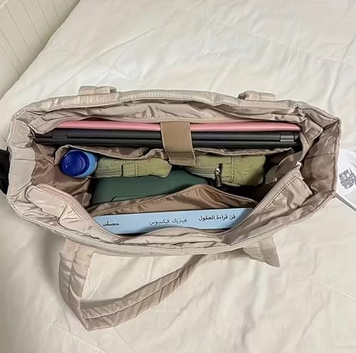 Wayfare Puffer Tote Bag with Laptop Compartment Quilted Work Bag with Organizers and Side Pockets for Uni and Office White, M