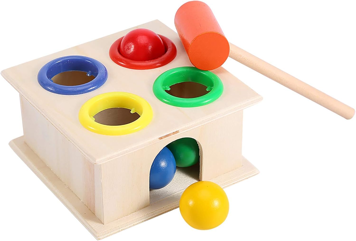 SHINETOY Wooden Ball Drop Hammer Toys for Toddlers | Montessori Pounding Toy with 4 Colorful Balls | Early Learning & Motor Skills Toy, 11 x 6 cm 3
