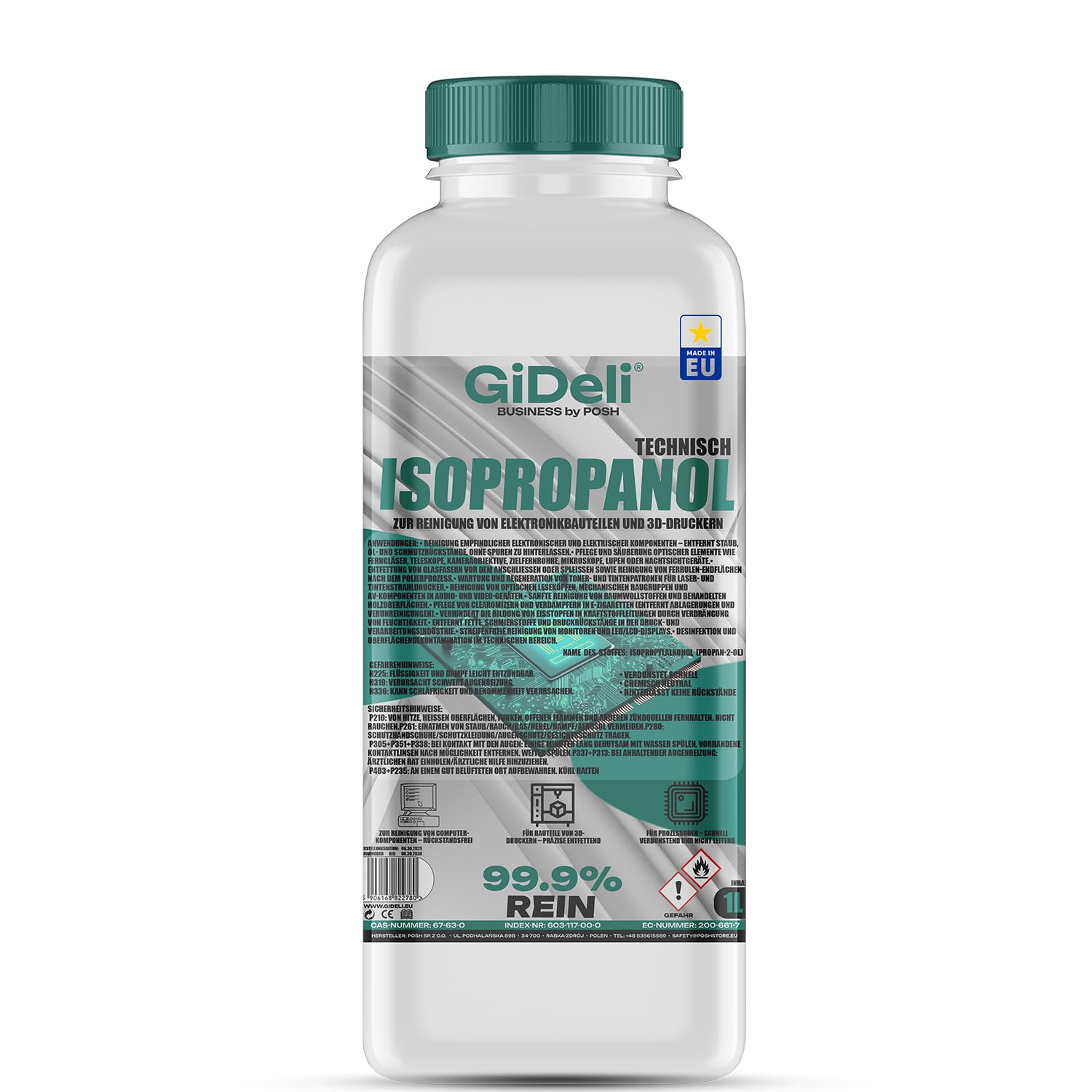 GiDeli Isopropanol techniczny 1 l – alkohol izopropylowy 99,9% – czyszczenie elementów elektronicznych i akcesoriów do drukarek 3D