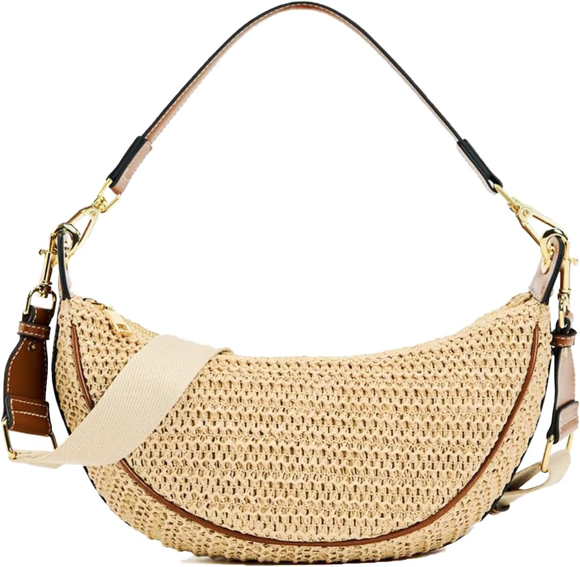 Straw Crossbody Bags for Women Crescent Woven Shoulder Handbag Summer Beach Hobo Purses with Adjustable Strap