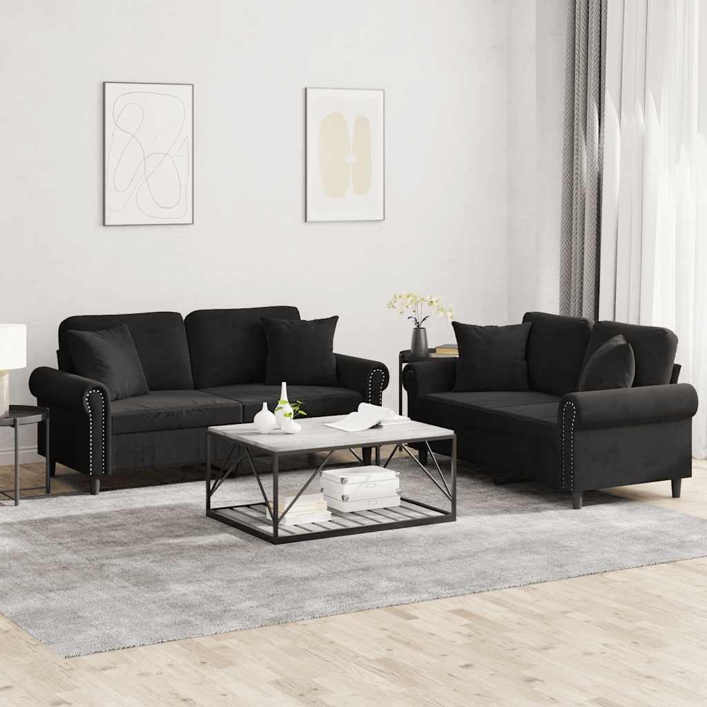 2-częściowy komplet sof, czarny, aksamitny, 2-osobowa, 152 x 77 x 80 cm, z poduszkami, do salonu, biura, lounge, przytulna, nie zajmuje dużo miejsca