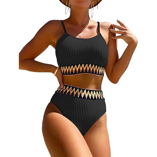 Zuvebamyo Women's High Waisted Swimsuit Two Piece Ribbed Bikini Sets Crop Top High Cut Cheeky Bathing Suits