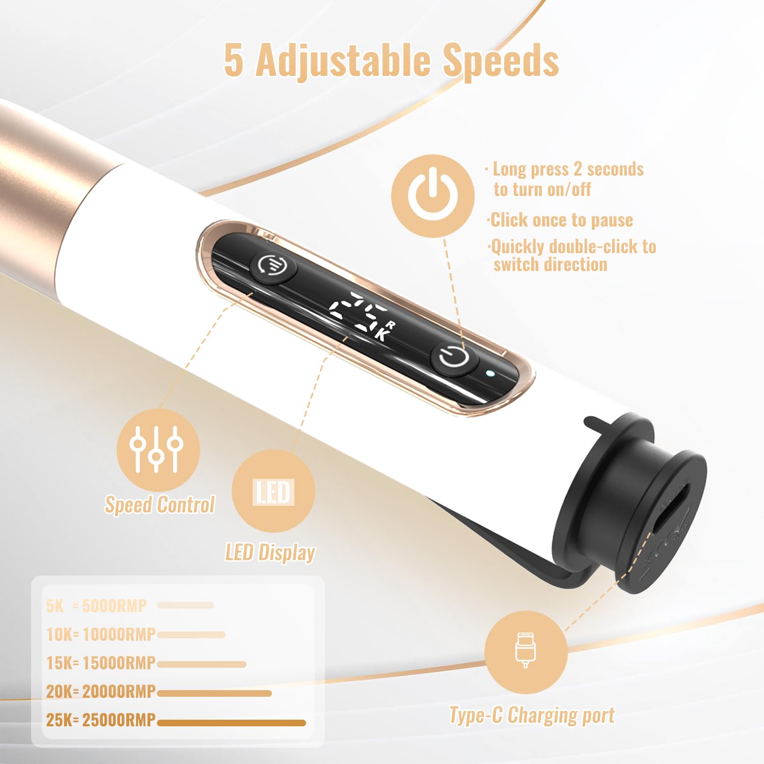Denabuty Nail Drill Cordless, Electric Nail File 12 in 1 with LED Display - Image 4