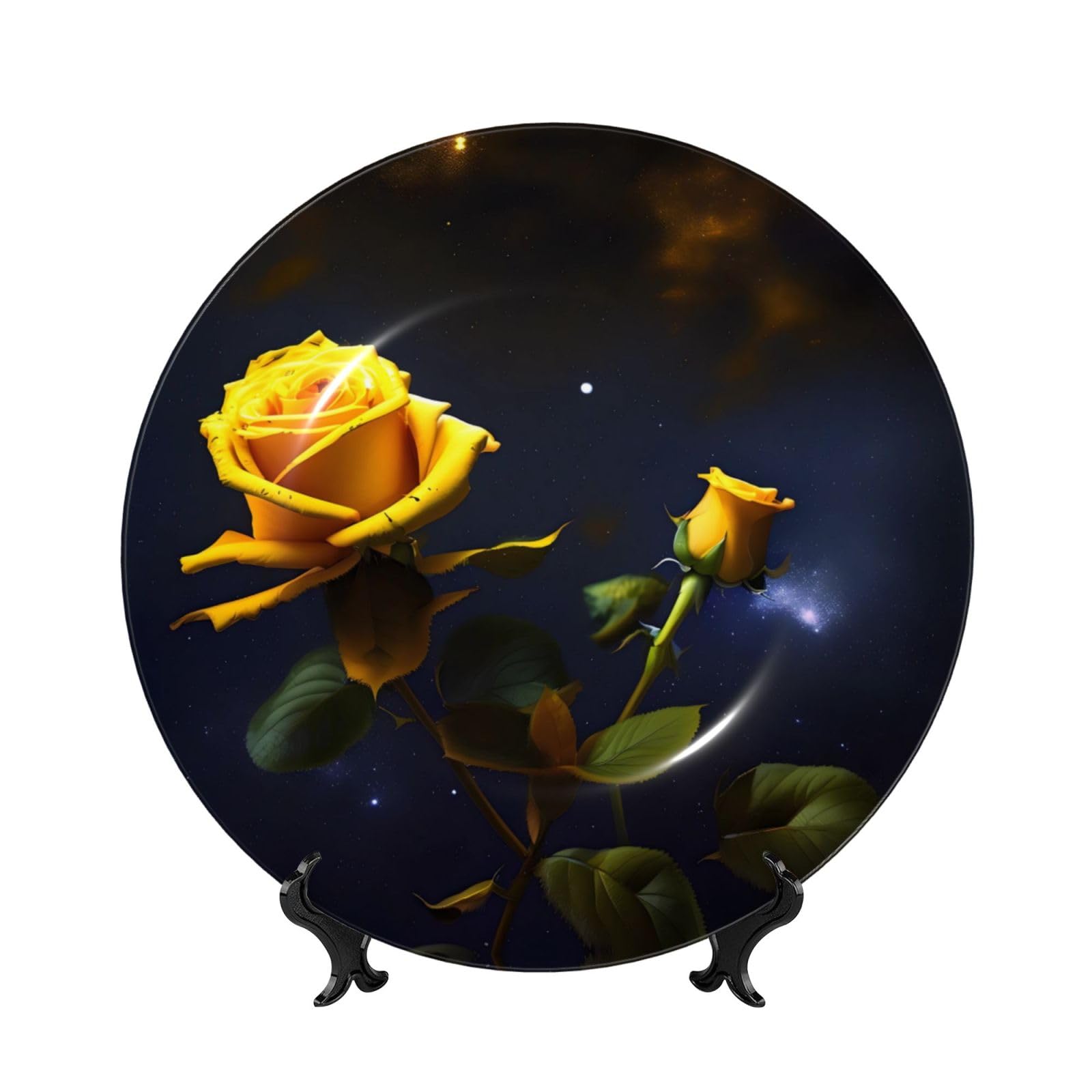 SXZVVBN Yellow Roses Starry Night Bone China Decorative Plate Art with Stand Removable Adhesive Hanging for Home Office 6in（15cm）
