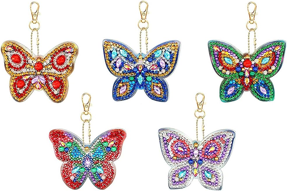 Diamond Keyring Pack of 5 DIY Full Drill Butterfly Painting Keychain Double-Sided Rhinestone Drill Embroidery Keychain Children's Diamond Painting Decoration Pendant for Backpack Handbag