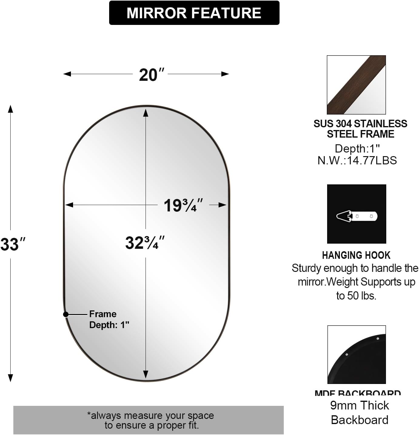 ANDY STAR Bronze Oval Mirror for Bathrooml, 20x33 Oval Bronze Mirror in Stainless Steel Metal Frame Deep 1’’ for Bathroom, Bedroom, Living Room, Entryway, Hang Vertical or Horizontal Brushed Bronze 33"L x 20"W