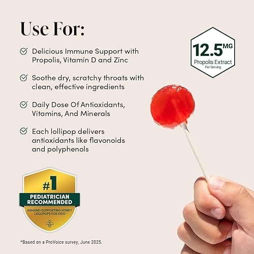 Miniatura 20 de Beekeeper's Naturals - Paletas calmantes para la garganta para niños, apoyo inmunológico formulado por médicos, vitamina D y miel, menos de 0.07 oz
