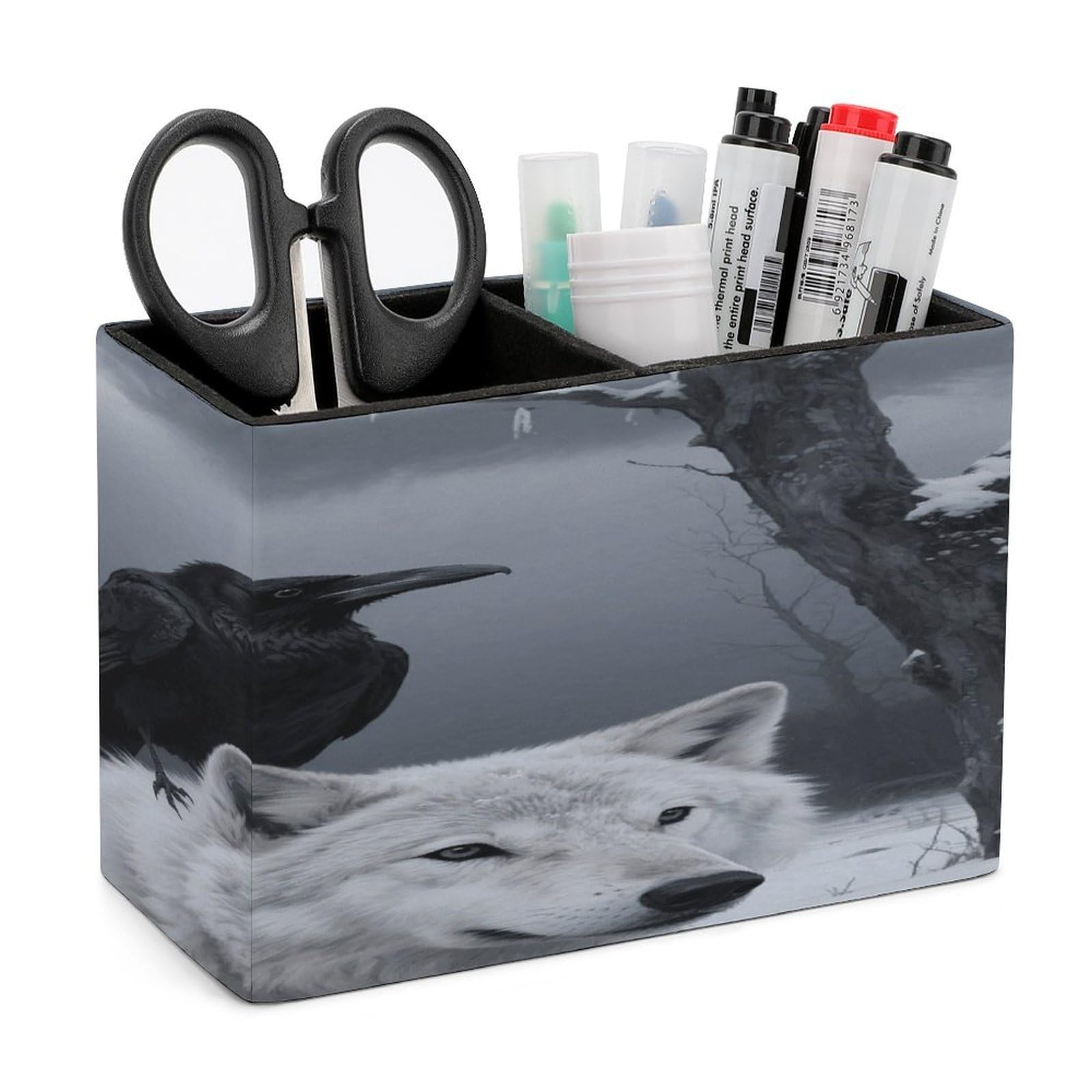 VstaDank Crow And White Wolf Pencil Holder for Desk Organizer 2 Compartments Pen Cup Leather Square Pen Holder Pencil Cup Stand Makeup Brush Holders for Desktop Organizer Storage Case
