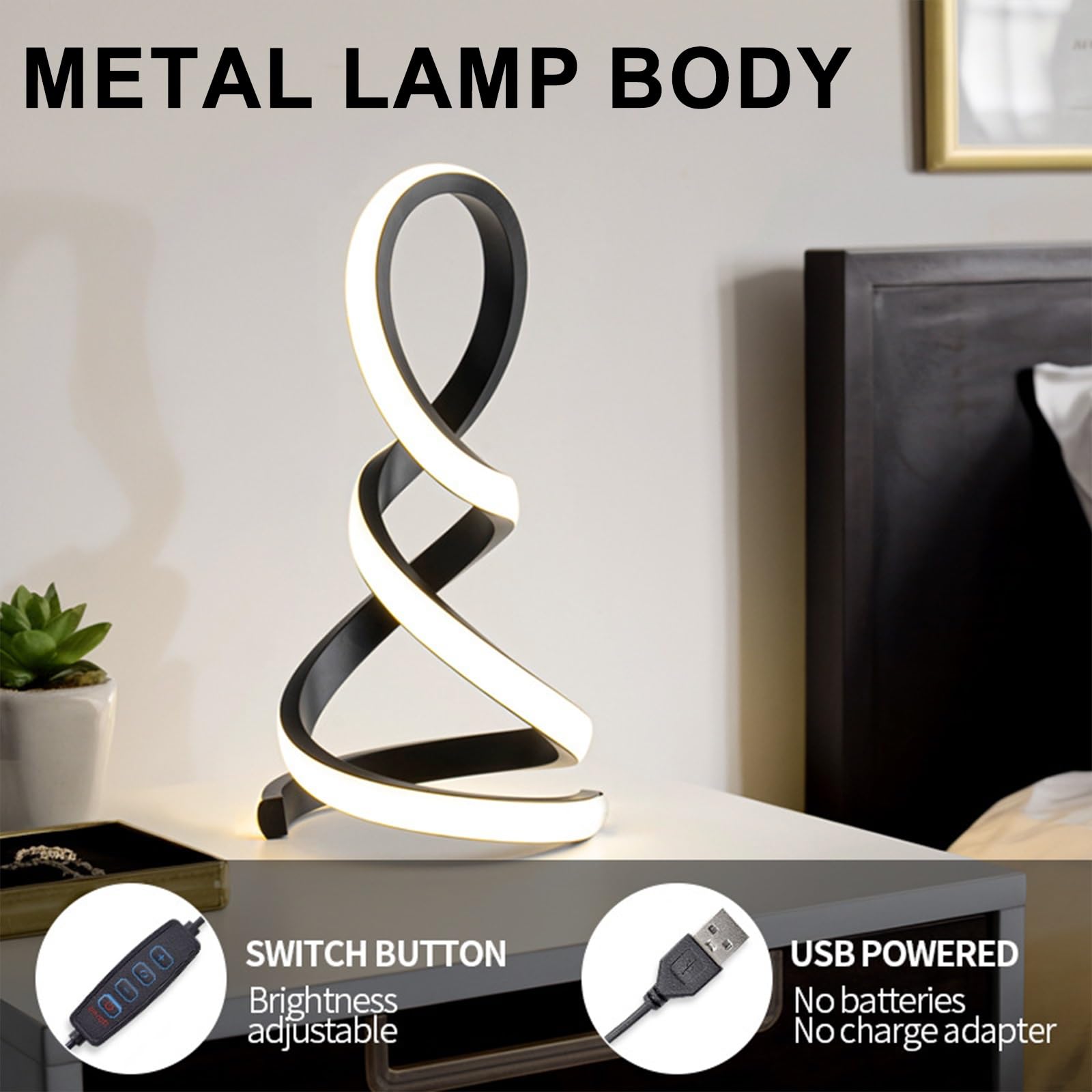 Jadssox Lampa Biurkowa LED Spiralna Czarna Liniowa Lampa Stołowa, Nowoczesne Małe Lampki Nocne Do Salonu Sypialnia Nocne Biuro, 3W 3 Tryb Kolorów Oprawa Oświetleniowa Na Szafkę Nocną