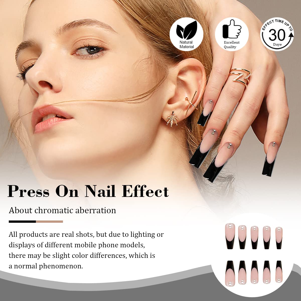 Uñas postizas largas a presión, estilo ataúd, francés, cobertura completa, bailarina, punk, uñas postizas acrílicas con diamantes de imitación para mujeres y niñas, 24 unidades