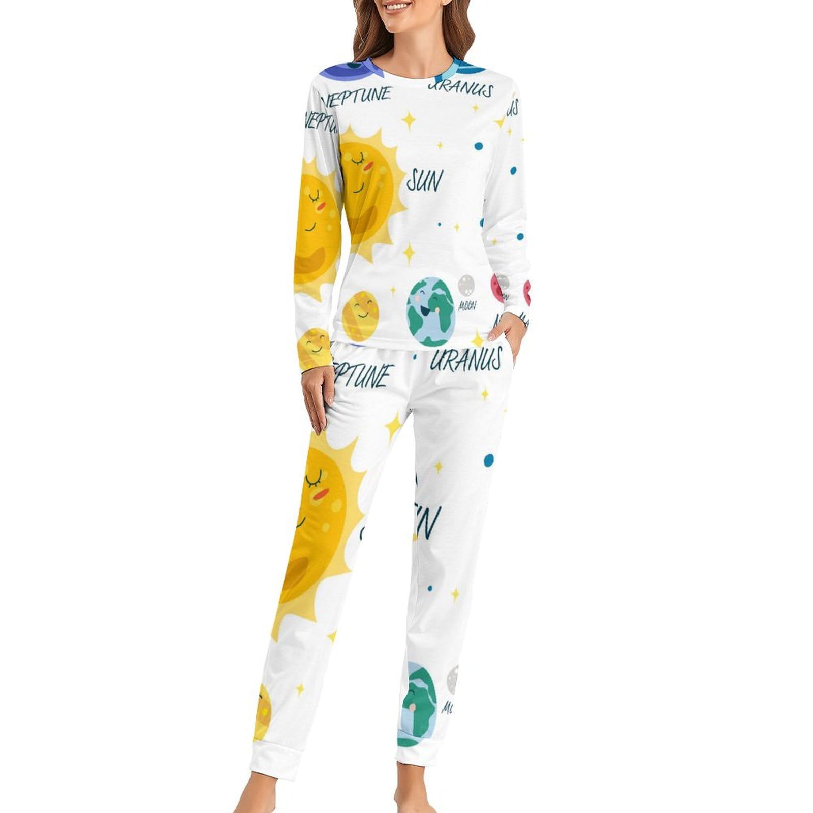 Sun Planet Space Women's Pajama Sets Long Sleeve Pjs Top With Capri Pants 2 Piece Sleepwear