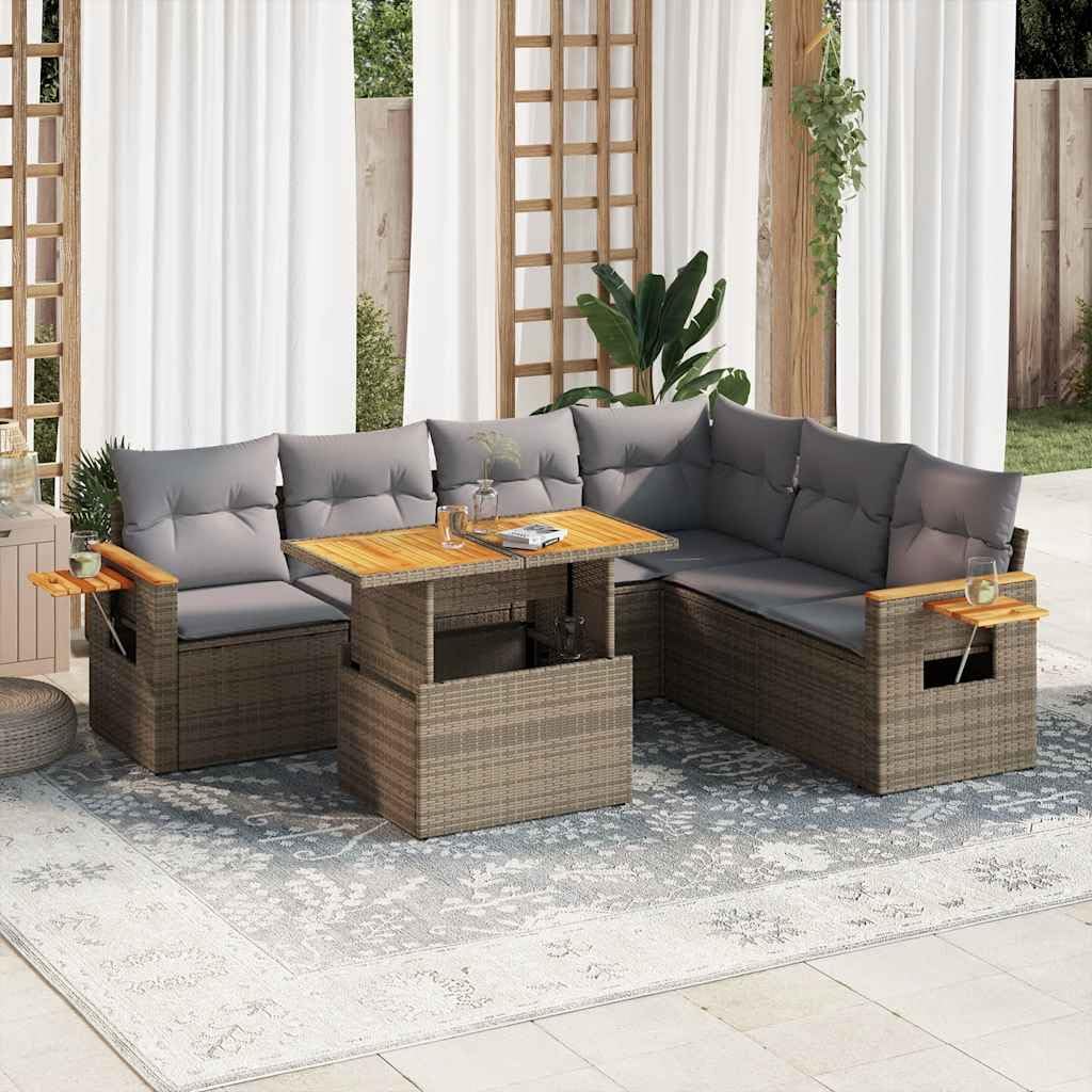Conjunto modular de 7 piezas de polirratán y acacia, beige, con almacenamiento y bolsa impermeable, mesa auxiliar plegable y extraíble lavable