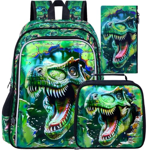 Image of 3Pcs Boys Backpack, 16 inch Dinosaur Bookbag for Elementary Preschool Kindergarten, Dino Kids School Backpacks with Lunch Box(Green)