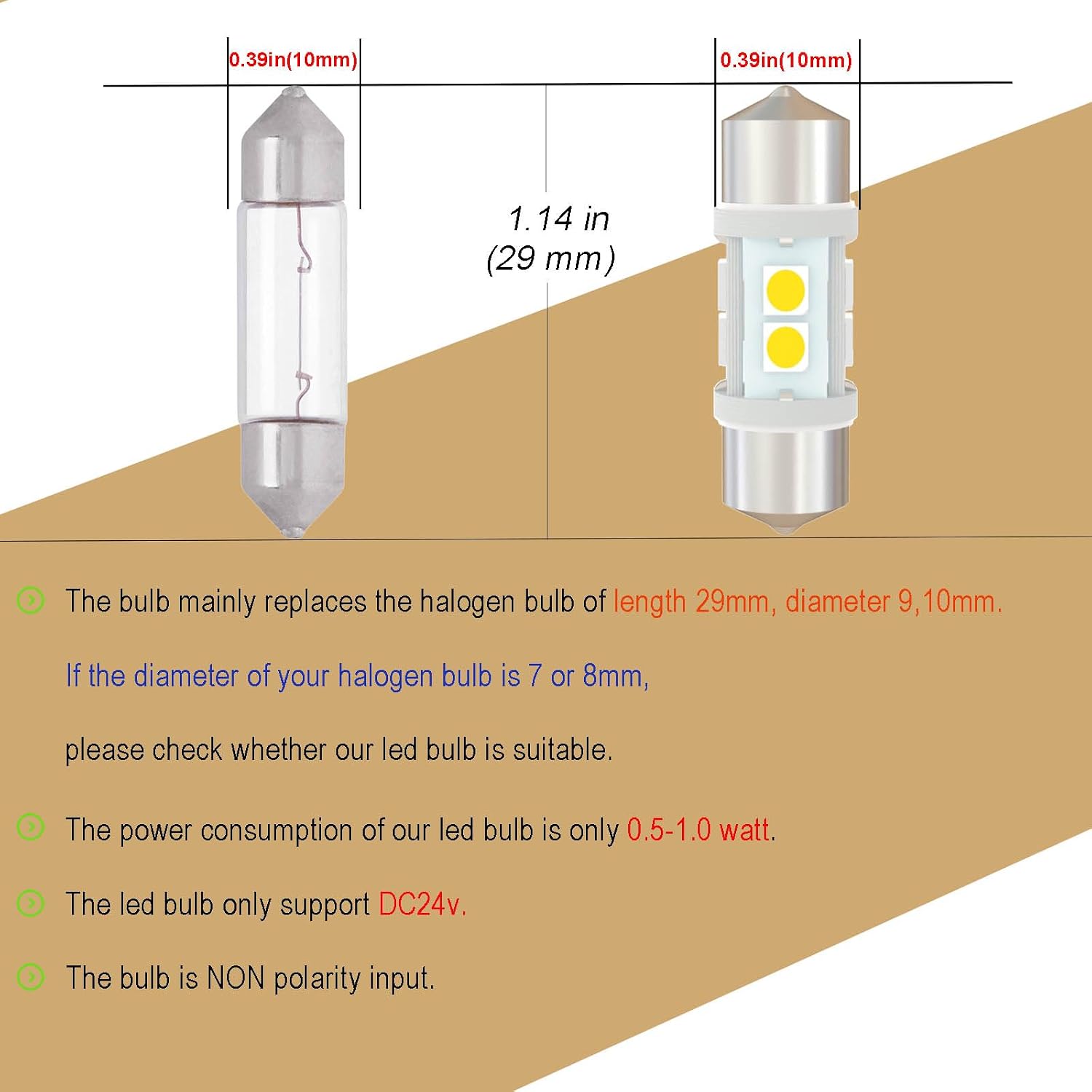 DC 24V 29mm 6641 Led Bulb Natural White 6614 LED Festoon Bulb for Truck Interior Reading Map Glove box Lights (Pack 12)