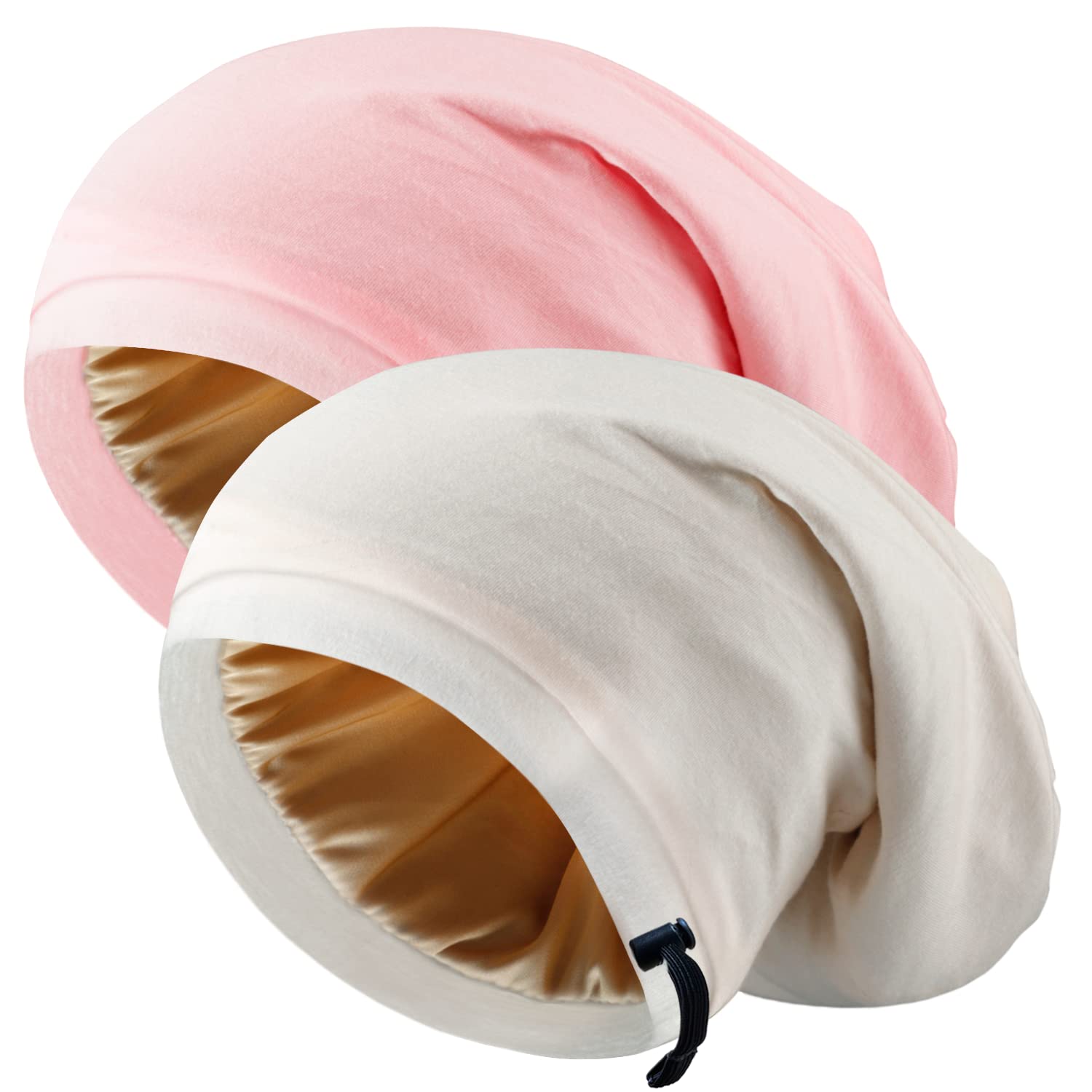 Silk Satin Bonnet Hair Wrap for Sleeping, 2 Pcs Adjustable Silk Bonnets for Women Men Sleep Cap Silk Lined Slouchy with Adjustable Strap Curly Hair Head Scarf Night Caps（Red & Pink）