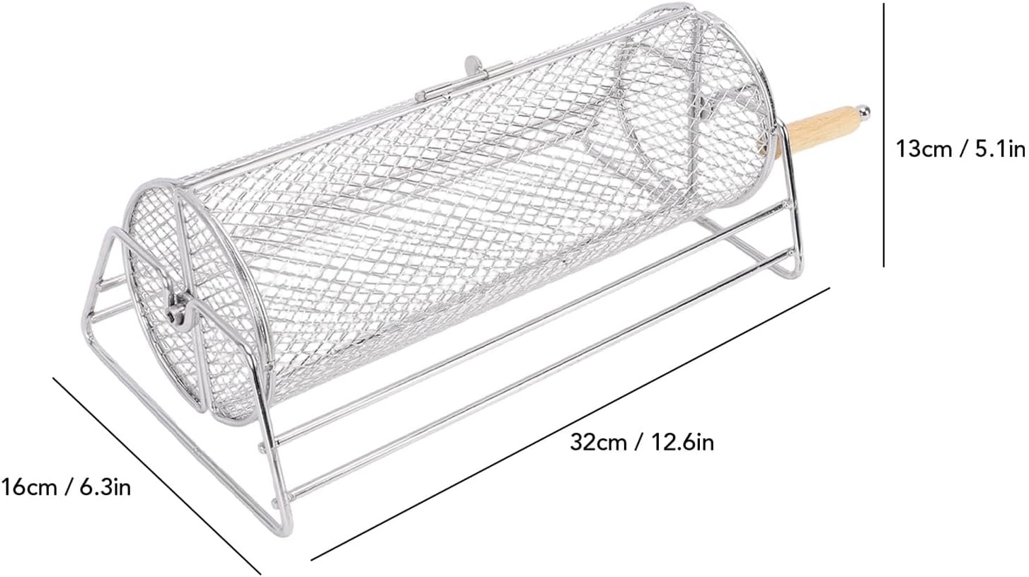 Rolling Grill Basket, Uniform Cooking, Carbon Steel Portable Grilling Basket with Handle for Picnics, Patio Parties, Camping, RV, Gift for Men Dad Husband