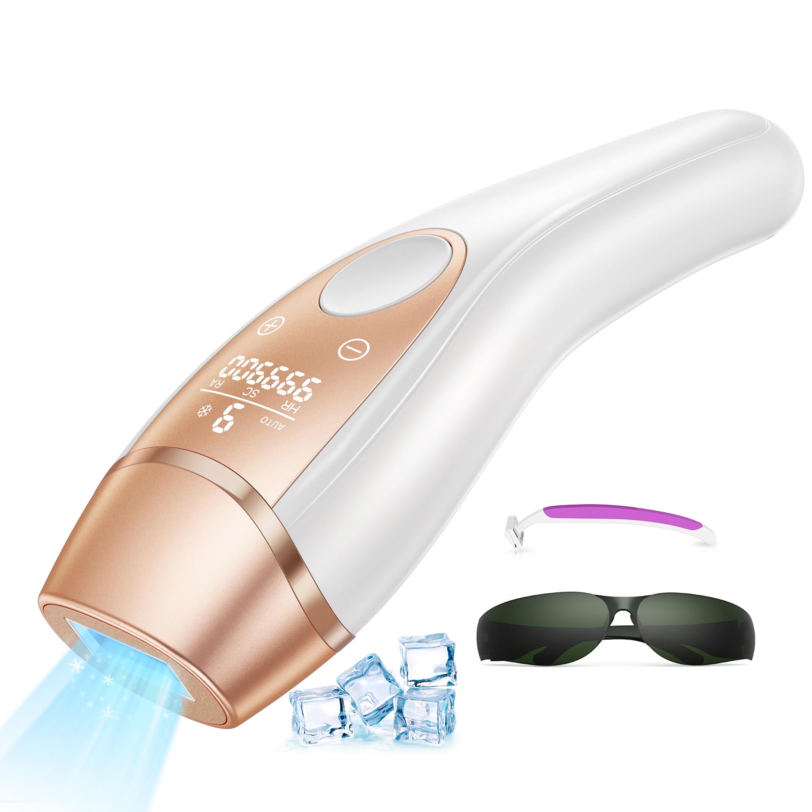 Depiladora Laser con Enfriamiento por Hielo Depiladora Luz Pulsada 9 Niveles de Energía, 999,900 Luz Pulsada para Línea del Bikini, Cara y Cuerpo