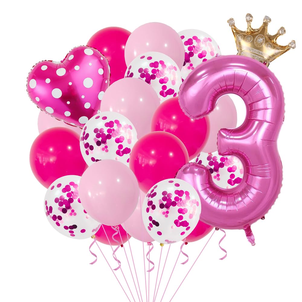 25pcs Pink Number Balloons Pink Balloons Heart Crown Foil Balloons Party Women' Girls' Birthday Decoration Supplies (Number-3)