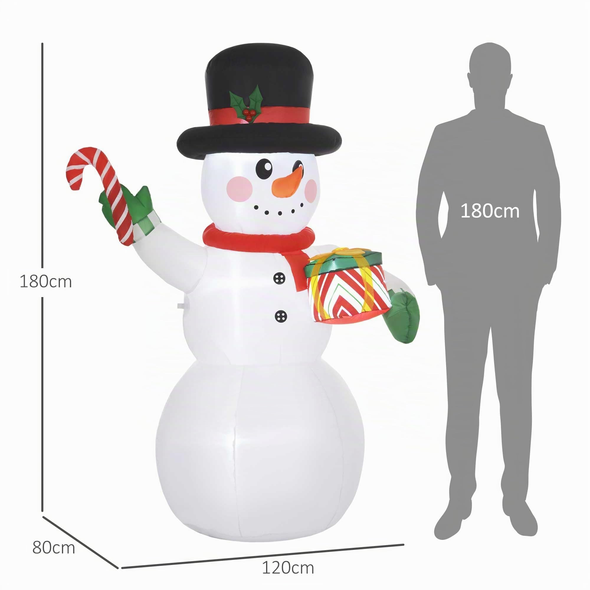 Outsunny Aufblasbarer Schneemann mit Zuckerstange 180 cm mit LED-Leuchte | Geschenkbox, Aufblasbare Weihnachtsdeko, Gebläse, Weihnachtsfigur, Outdoor, Garten, Party