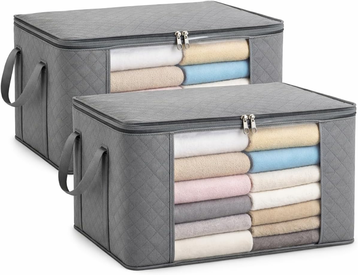 Closet Storage Bags, 2 Pack Foldable Clothes Storage Bags with Clear Window and Handles, Fabric Blanket Organizer for Closet, Bedroom, Dorm