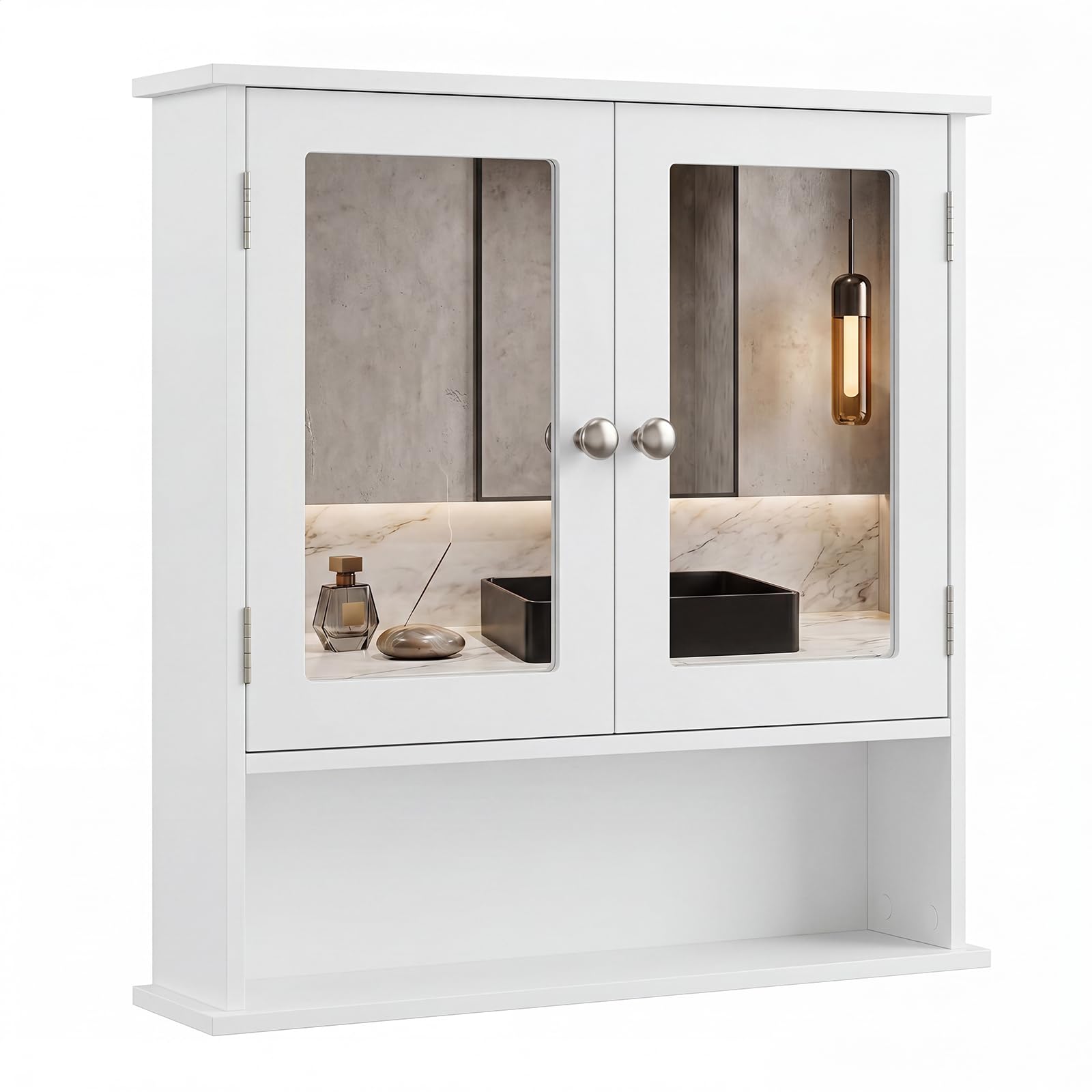 GIANTEX Moderno Armadietto da Bagno con Specchio (Bianco) | Mensola Regolabile e Scomparto Aperto, Mobile Salvaspazio per Bagno, Soggiorno, Ingresso