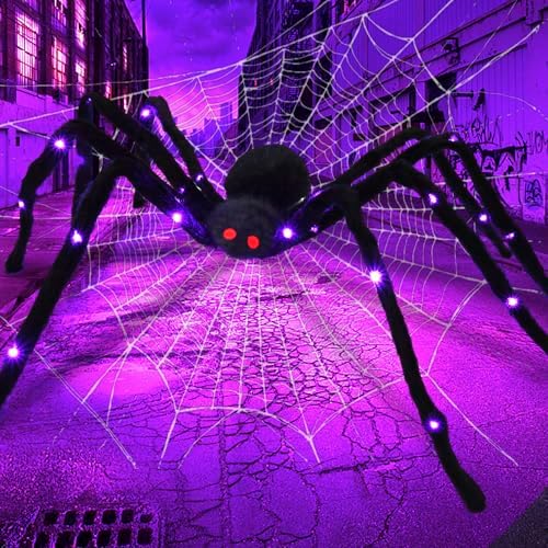 4.9 Ft Light Up Hairy Spider with Purple LED Lights, Realistic Spooky