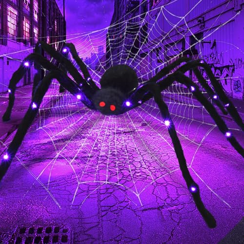 4.9 Ft Light Up Hairy Spider with Purple LED Lights, Realistic Spooky Halloween Prop Decorations, Halloween Spider for Halloween Indoor, Outdoor, Yard and Lawn Decoration
