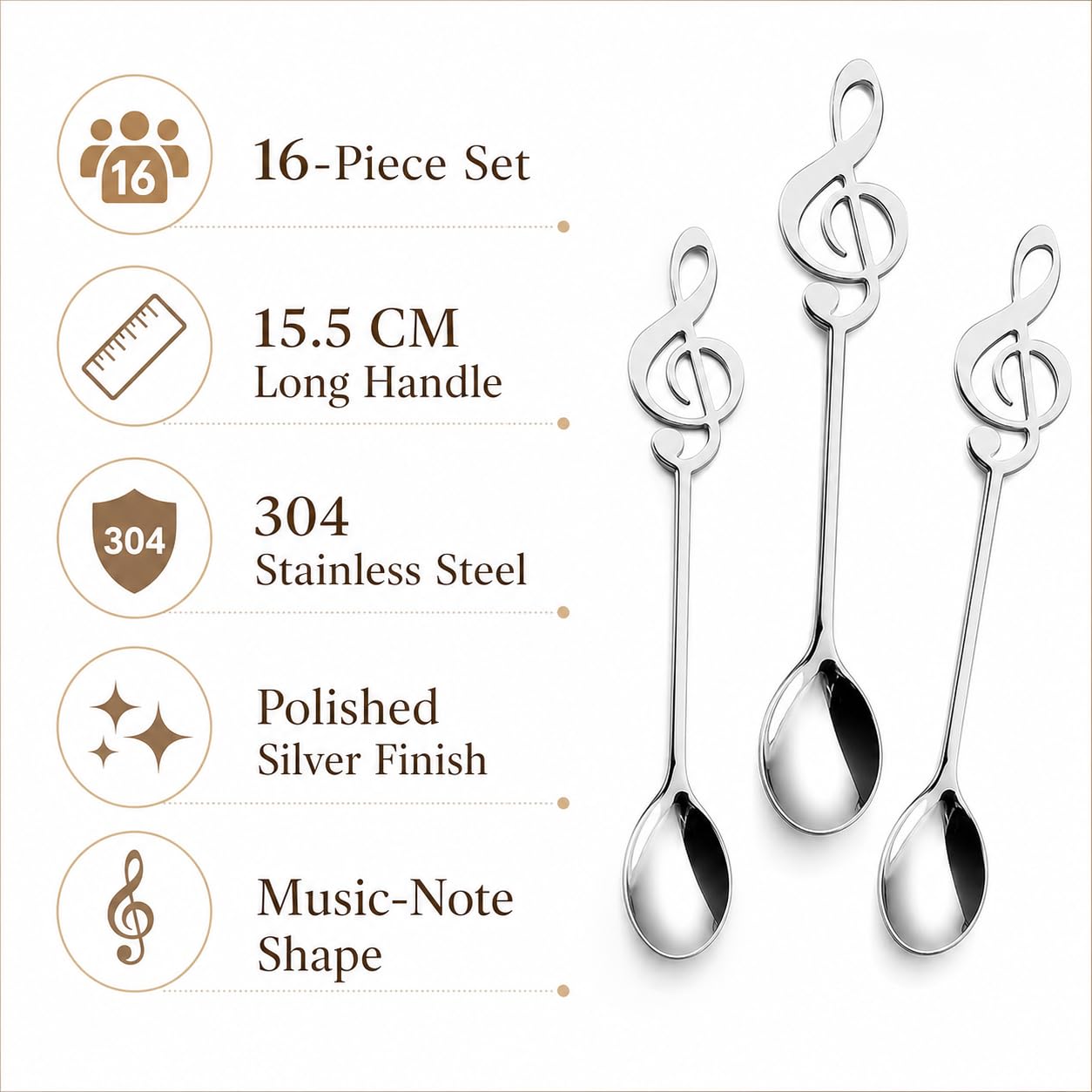 MIVIDE 16 Pezzi Cucchiaini da Caffè Note Musicali, Cucchiai da Dessert in Acciaio Inox, Cucchiaini Decorazione per Musicisti, Caffè, Tè, Dessert (Argento)