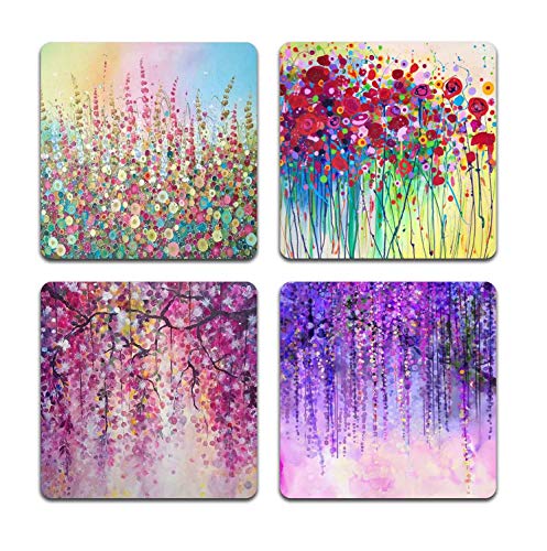 Colorful Watercolor Flowers Square Coaster Set of 4-Made of Recycled Rubber