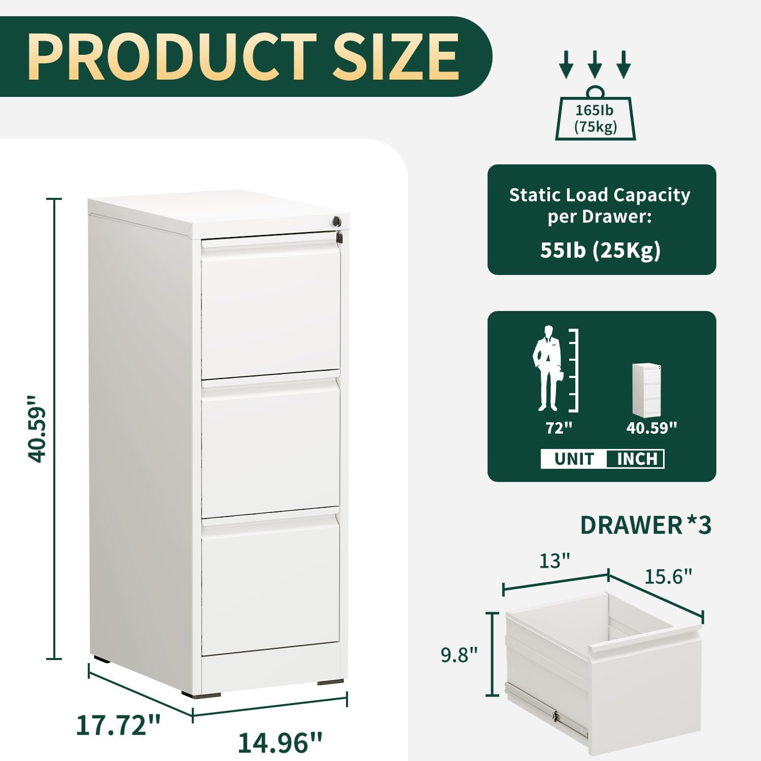 3 Drawer File Cabinet with Lock, Vertical Filing Cabinets for Home Office, Locking File Cabinet Hanging Files for A4/ Legal/Letter, Require Assembly, White