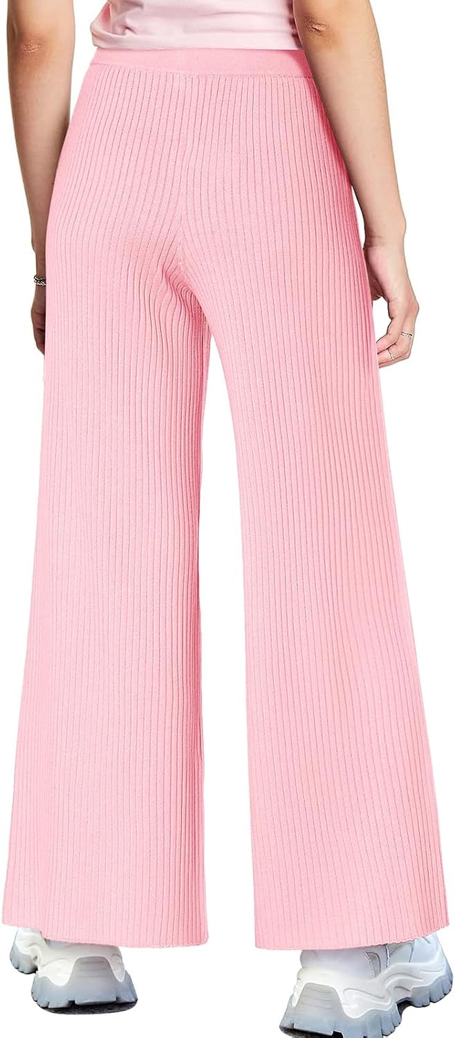 Haloumoning Girls Solid Rib Knit Wide Leg Pants Elastic Waist Flowy Casual Sweater Pants 5-14 Years