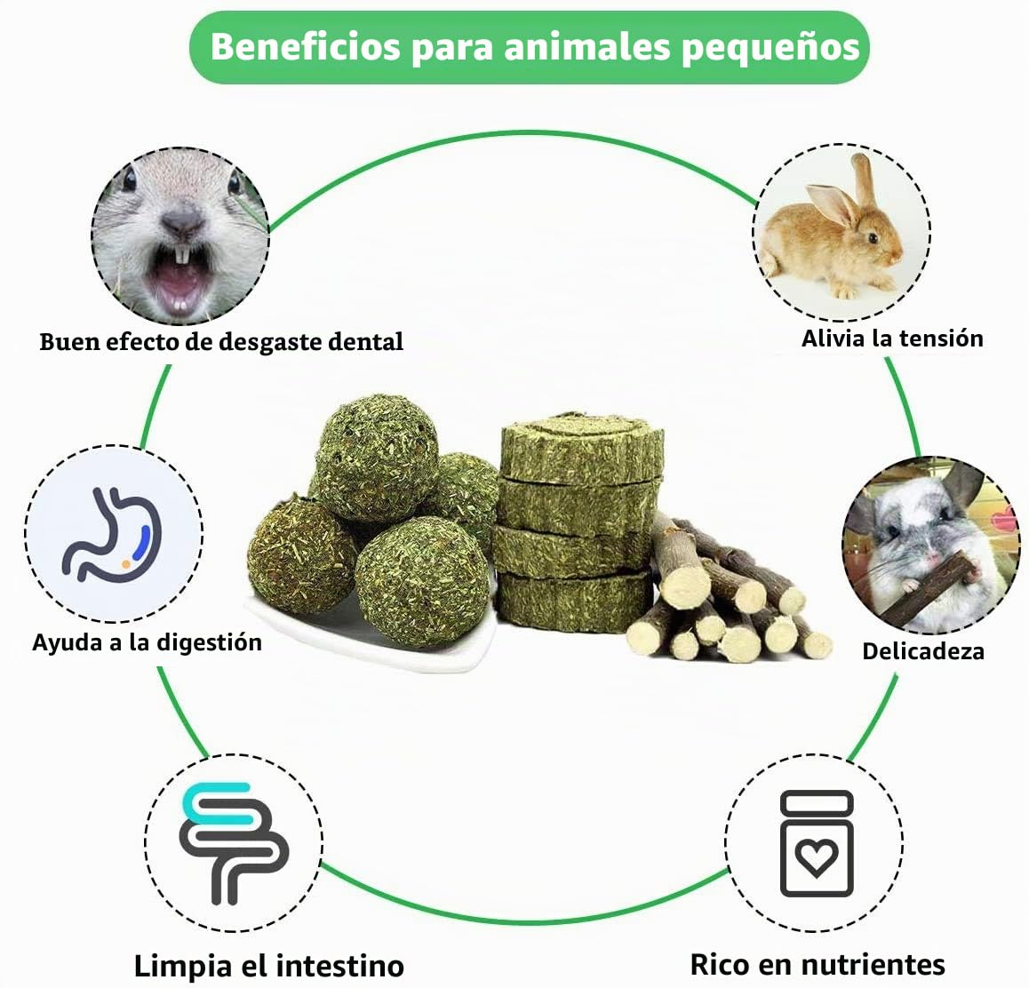 Juguete Masticable para los Molares para Conejito, 2 Piezas Juguete de Dientes de Molienda Bolas de Heno de Timothy y Palitos de Madera de Manzano para Hámster Chinchilla Cobayas