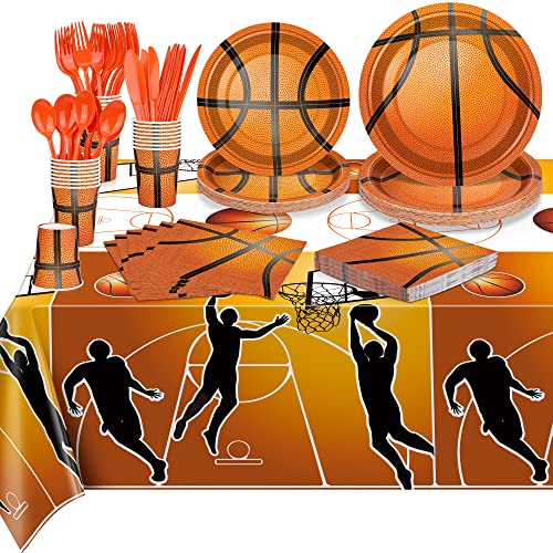 durony 169 Stück Basketball Party Supplies Basketball Motto Party Pack inkl. Pappteller, Becher, Servietten, Löffel, Gabeln, Messer, Tischdecke für Basketball Mottoparty, für 24 Gäste Cover
